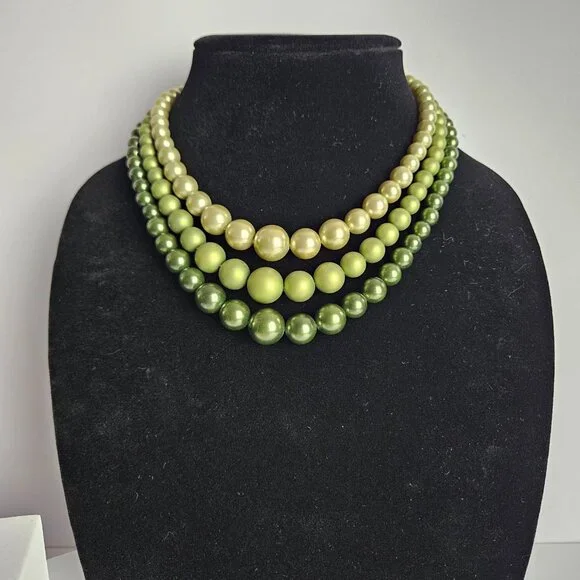 Vintage Olive Green Ombre Faux Pearl Necklace & Clip-On Earrings Set – 17" - Picture 5 of 16